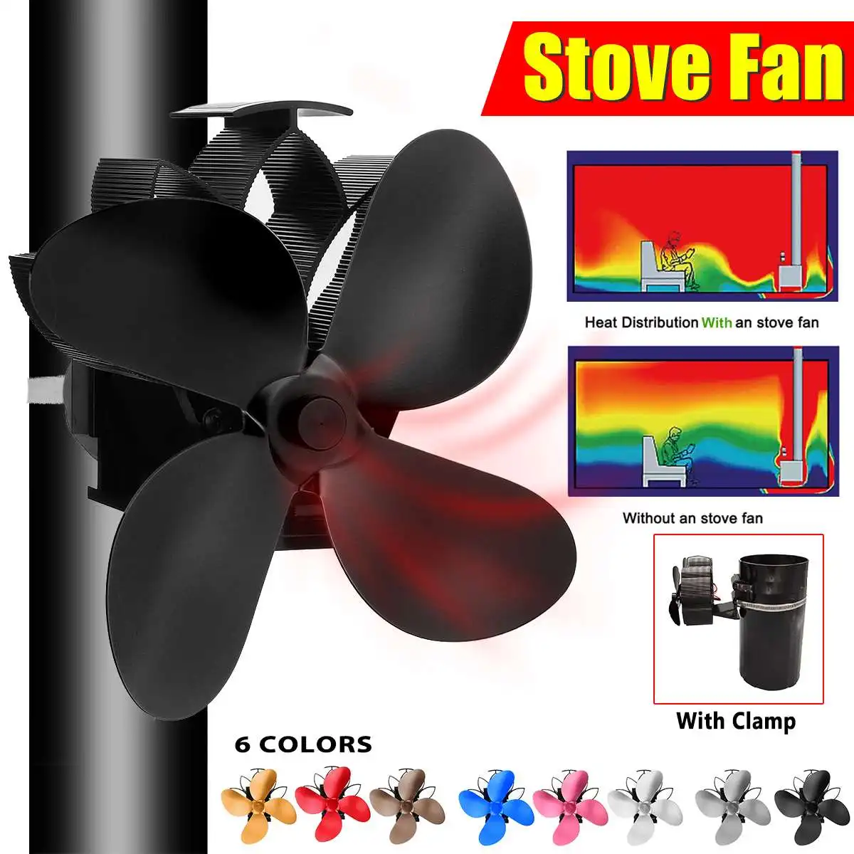 

Multicolor Mouted Type 4 Blade Heat Powered Stove Fan komin Log Wood Burner Eco Quiet Fan Home Efficient Heat Distribution