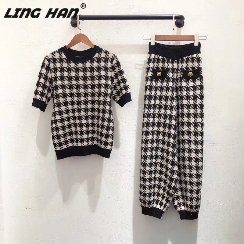 

LINGHAN Wool Blend Knitting Pants Suits Women's Fashion Black White Lattice Sweater Two Piece Set Designer Autumn New