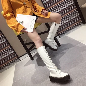 

Women Motorcycle Boots Punk Lace Up Chunky Platform Boots Fall Long Boots Women Knee High Boots Female+Shoes Vrouwen Schoenen