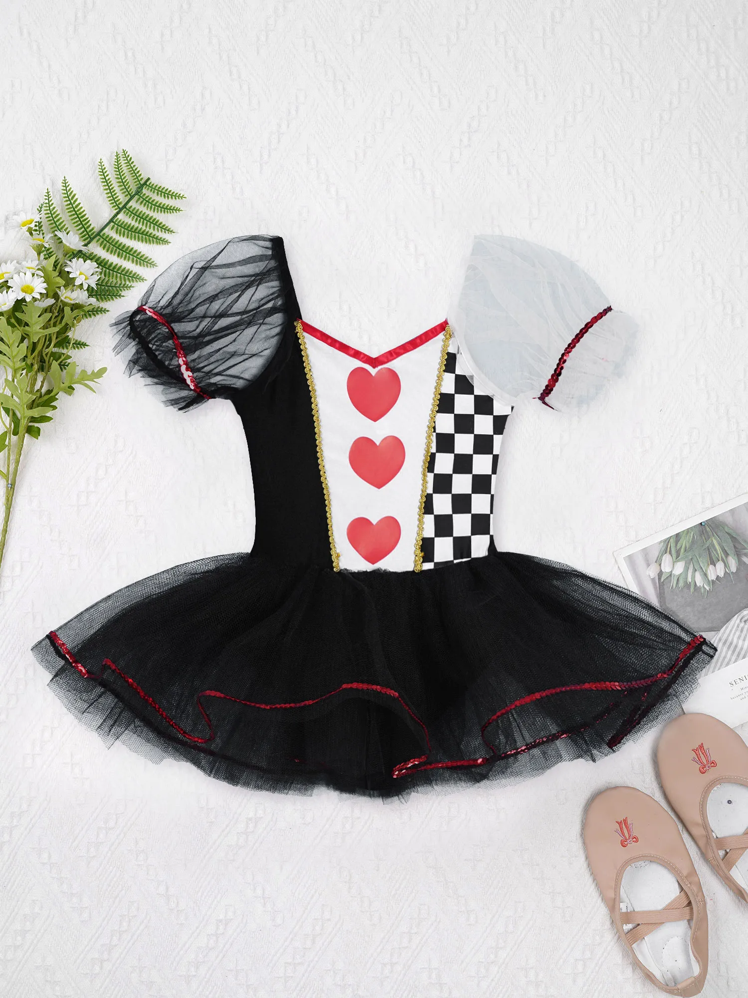 Kids Girls Mesh Tutu Ballet Dress Hearts Checkerboard Print Princess Carnival Party Clown Cosplay Leotard Costume Fancy Dress Up ballet leotard,ballet dress,ballet skirts,girls dance costumes,tutu skirt
