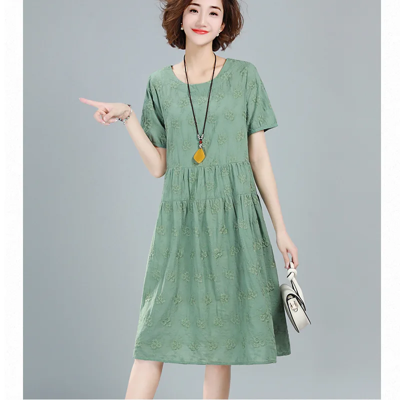 

Skirt Women's 2019 New Style Cotton Dress Loose-Fit Embroidery Short Sleeve Crew Neck Solid Color Slimming A- line Skirt Ozhouzh