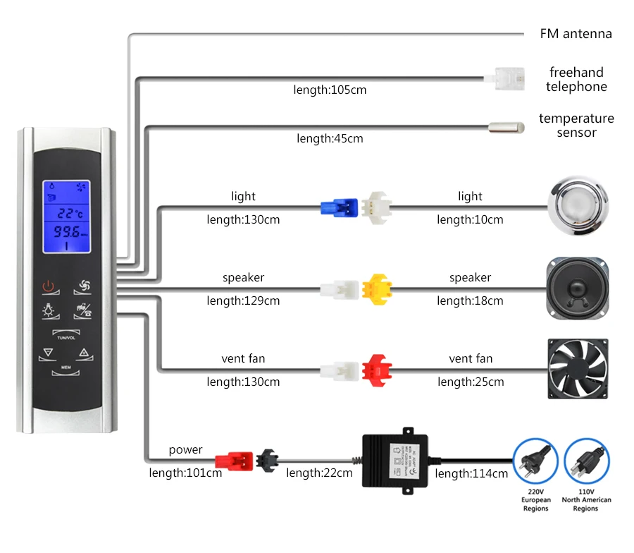 1 set CE AC 12V FM Radio Shower Controller Set LCD Display Screen Accessories Vent Fan/Light/Speaker/Transformer Shower Cabinet