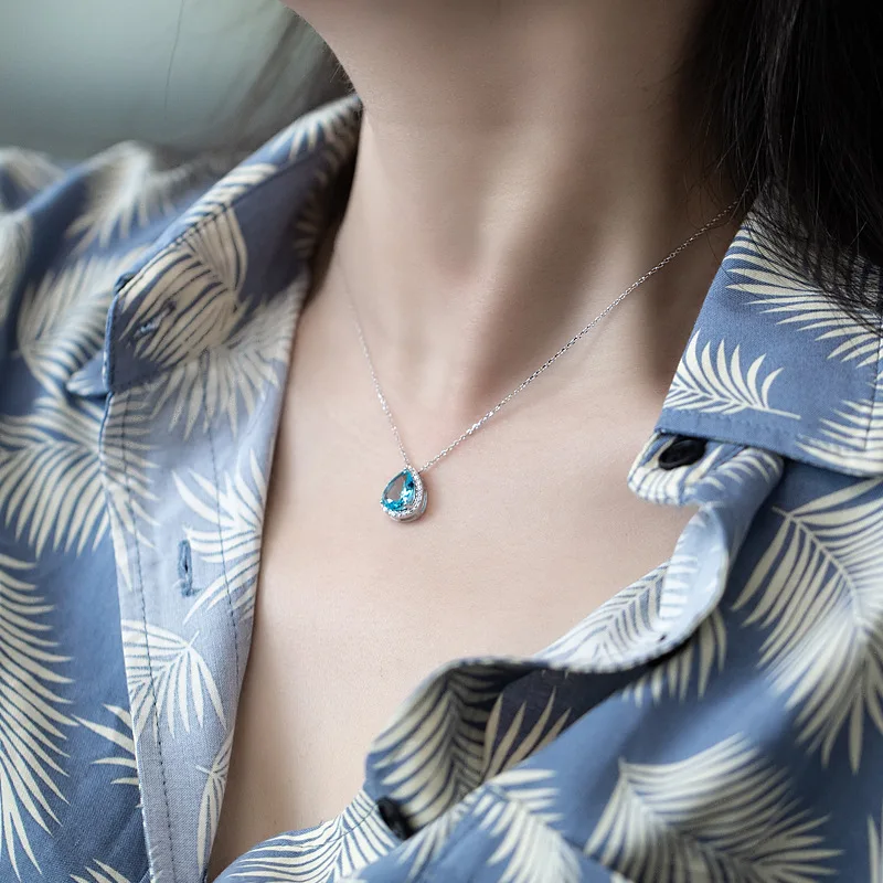 

S925 Fine Silver Crystal Water Droplet Necklace Delicacy Elegant Blue Water Droplet Diamond Set Choker Women's New Products 7478