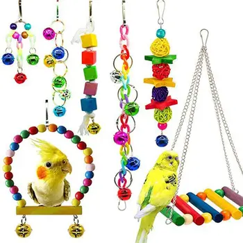 

7 Pcs Combination Bird Wood Block Swing String Stand Hanging Chewing Hollow Foraging Fun Parrot Toy for African Grey