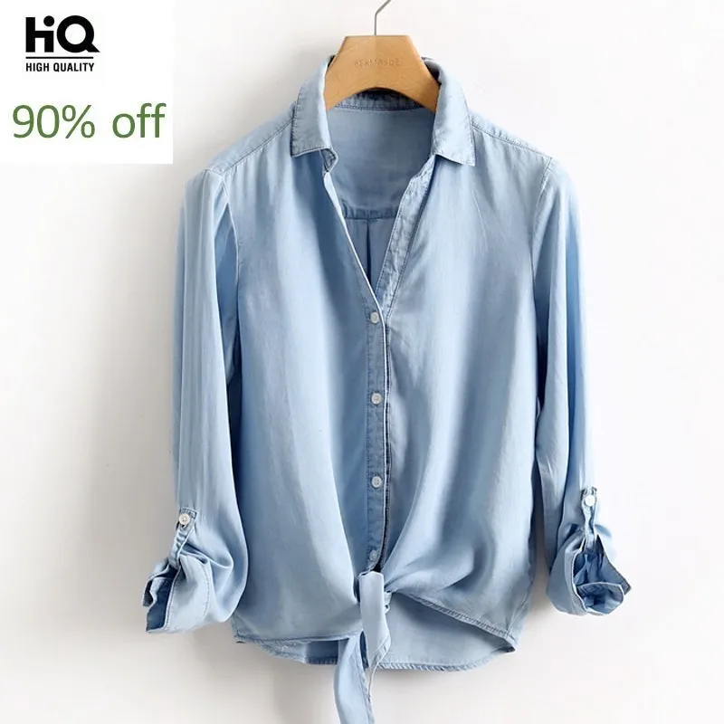 

2020 Spring Summer Lightweight Womens Denim Shirts V-Neck Irregular Office Short Blouse Women Loose Fit Solid Jean Shirts Tops
