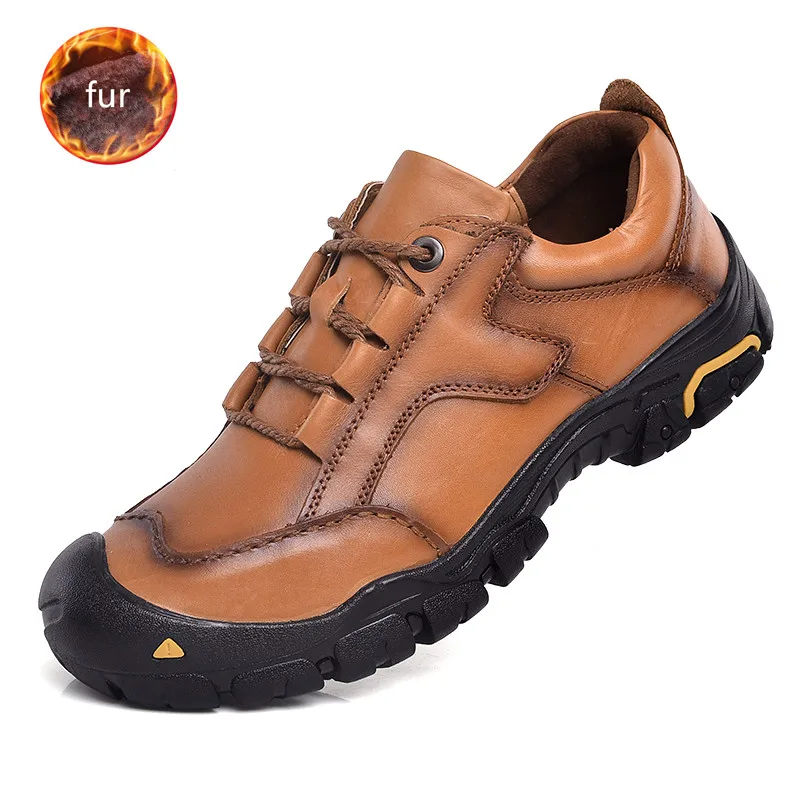 Genuine Leather shoes men winter Casual Shoes man leather flats Oxford shoes rubber Luxury fashion sneakers outdoor 38-50 - Цвет: brown with fur