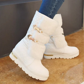 雪暖かいプラットフォーム毛皮の靴ウェッジヒール膝高女性のレザーボタ女性靴