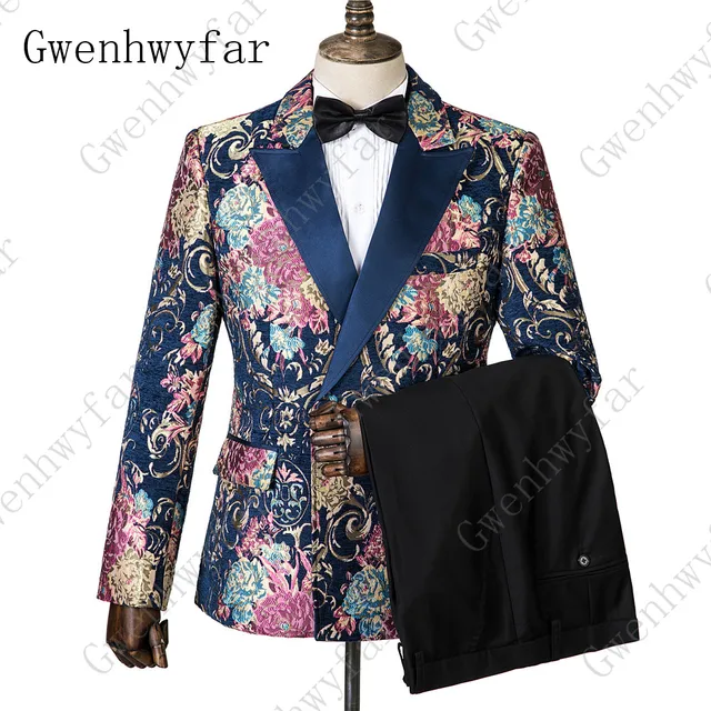 Gwenhwyfar Navy Blue Peaked Lapel 3 Pieces Flower Suit Men’s Tuxedo ...