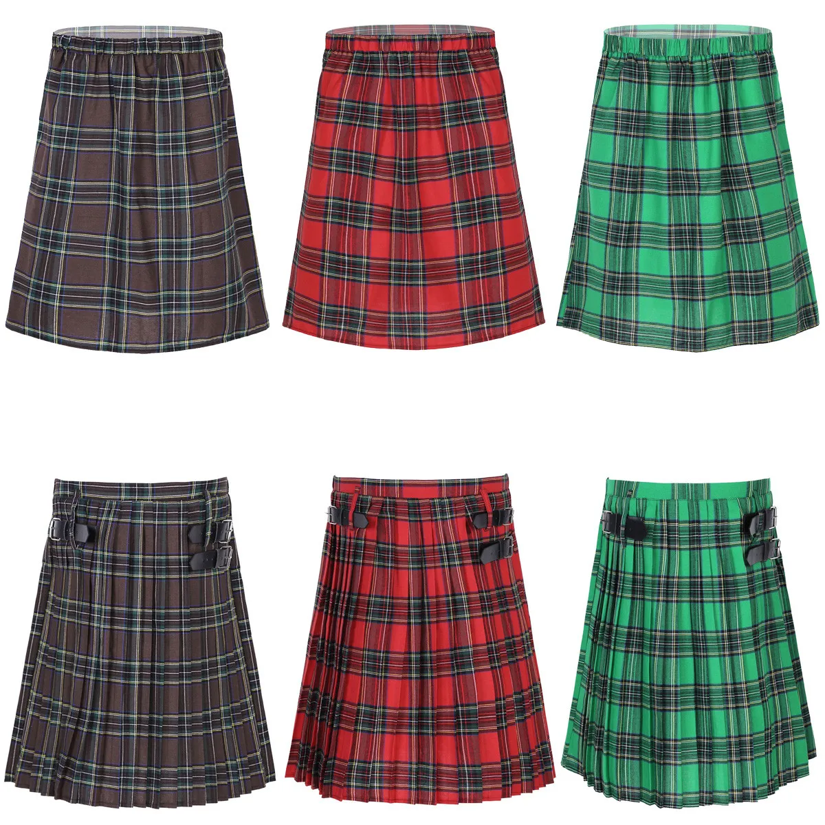 Шотландская Мужская Kilt традиционный ремень в клетку плиссированная Двусторонняя цепь коричневый красный зеленый готический панк шотландская клетка брюки юбки