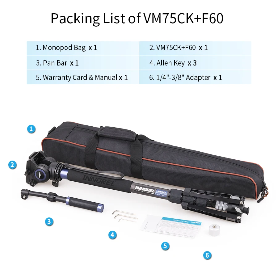 VM75CK Carbon Fiber Video Monopod Kit with Professional Fluid Head Removable Tri