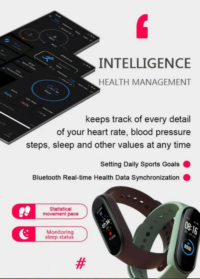 M5 Smart Watches Smart Band Sport Fitness Tracker Pedometer Heart Rate Blood Pressure Monitor Bracelet For Men Women 2022