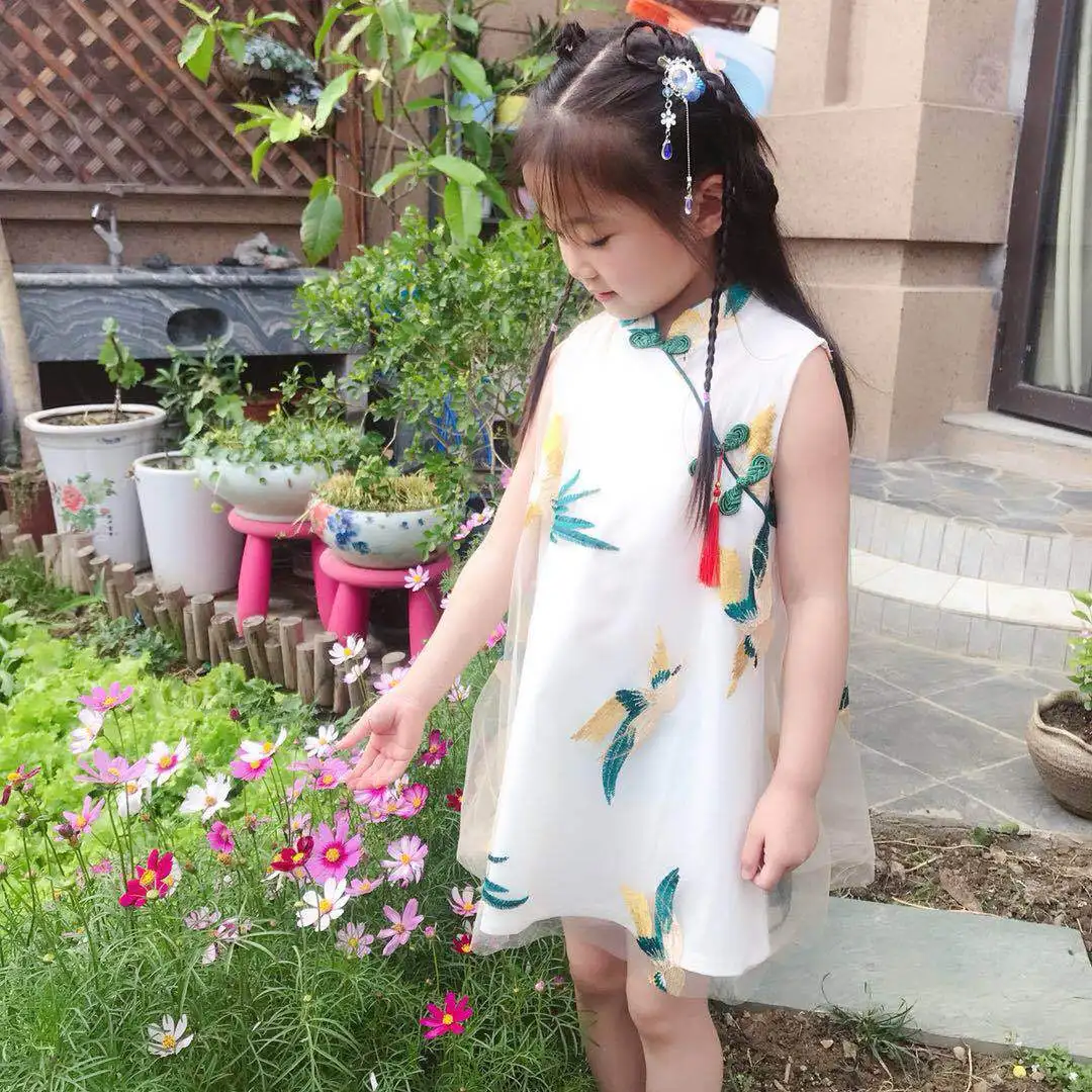 Для девочек футболка с коротким рукавом Cheongsam платье с Фениксом летняя одежда новые летние Стиль Big Boy китайско-Стиль юбка Национальный стиль