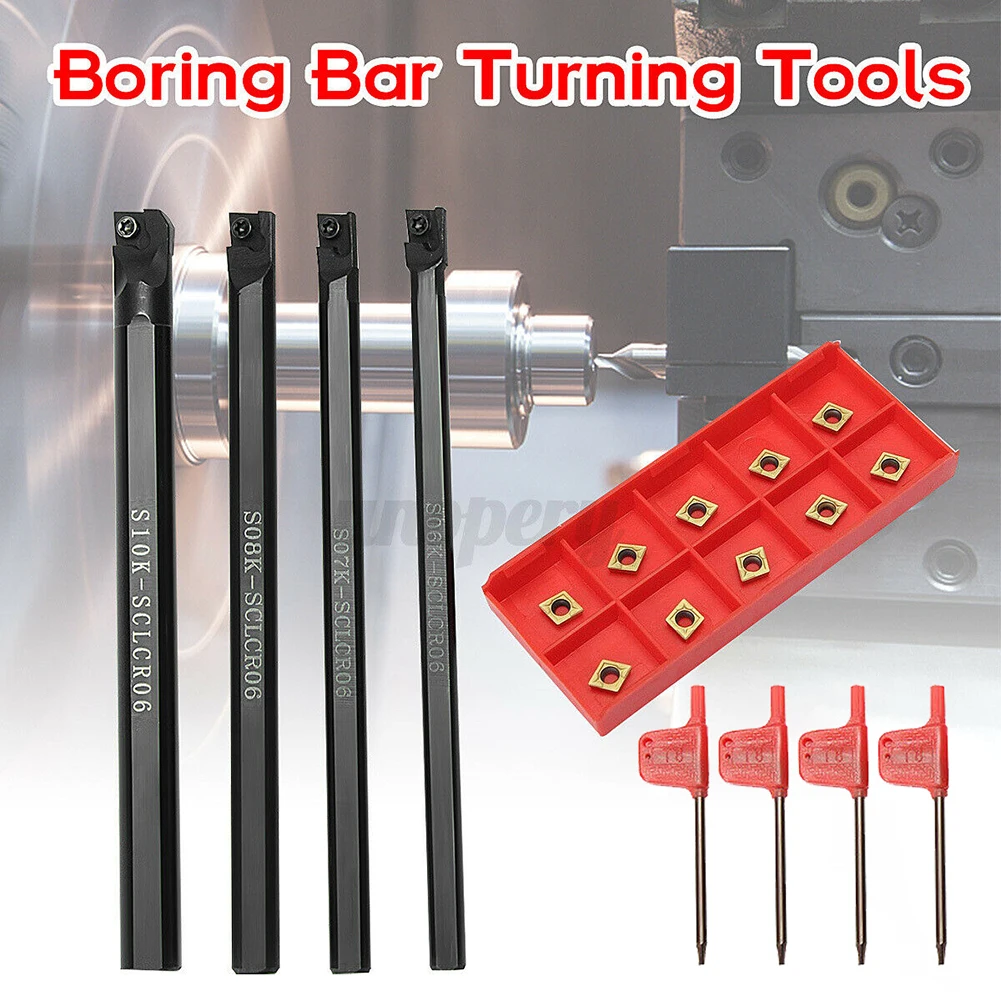 4pcs 6/7/8/10mm SCLCR06 Turning Tool Lathe Boring Bar Holder Boring Bar Lathe Cutter Turning Rod & CCMT060204-HM Carbide Insert