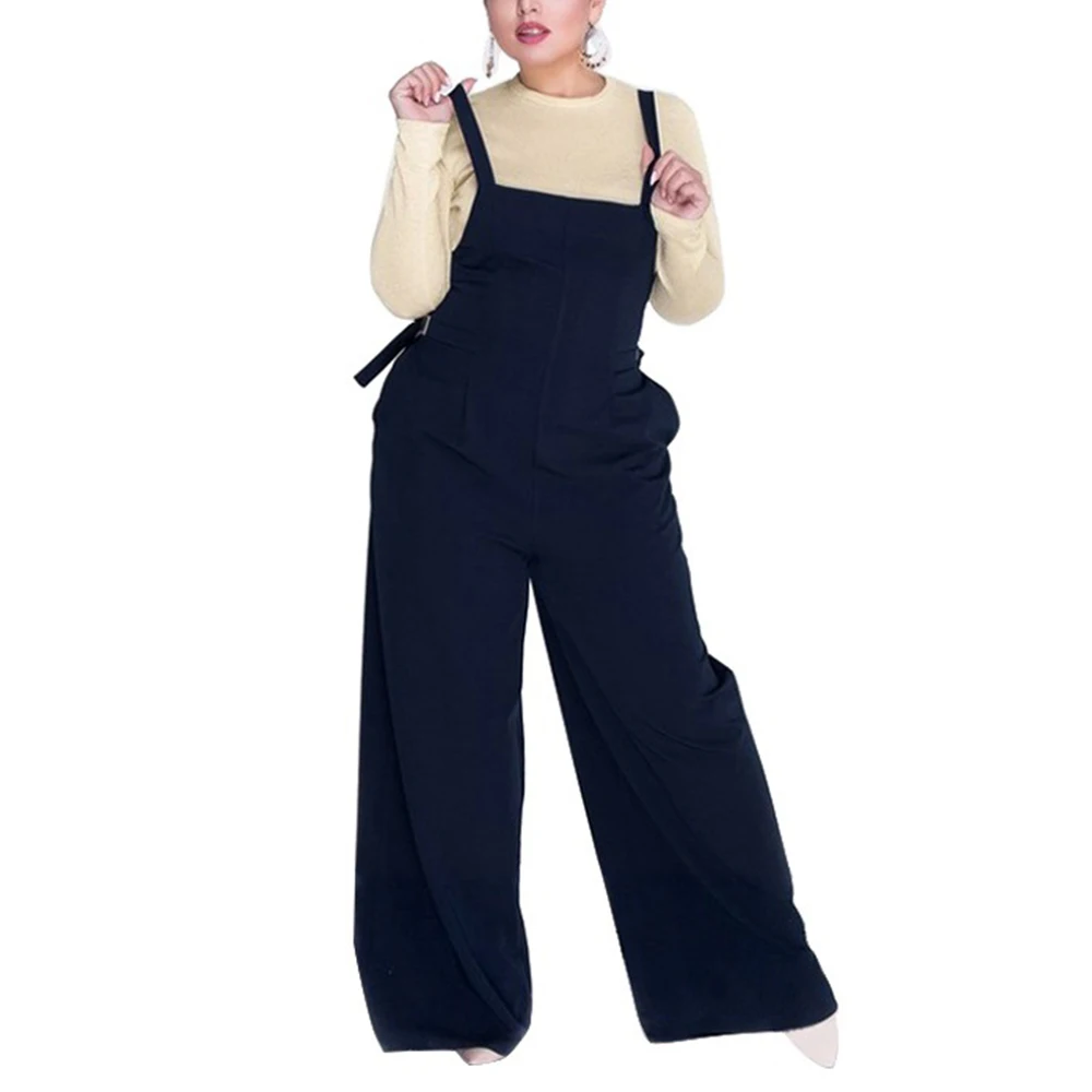 

Plus Size Woman Navy Jumpsuits Big Size Female High Street Wear 2019 Spring Fashion Playsuits Retro Casual Wide Leg Clothing