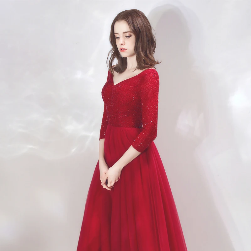 Осень Выпускные платья vestido de noiva sereia Платье de soiree вечерние сексуальные плиссированные крупные бусины бордовый 3/4 рукава