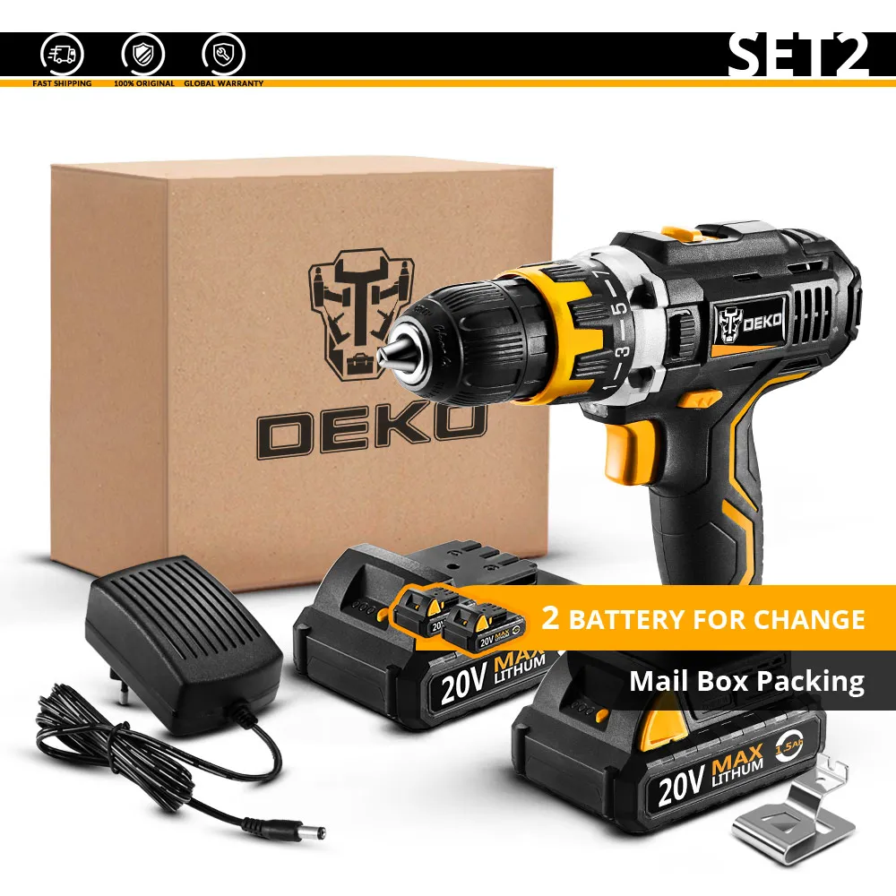 SET 2 DEKO GCD20DU2Y 20 Вольт макс Электрическая отвертка аккумуляторная дрель мини беспроводной драйвер питания постоянного тока литий-ионный аккумулятор 1/2 дюйма 2 скорости - Цвет: SET 2