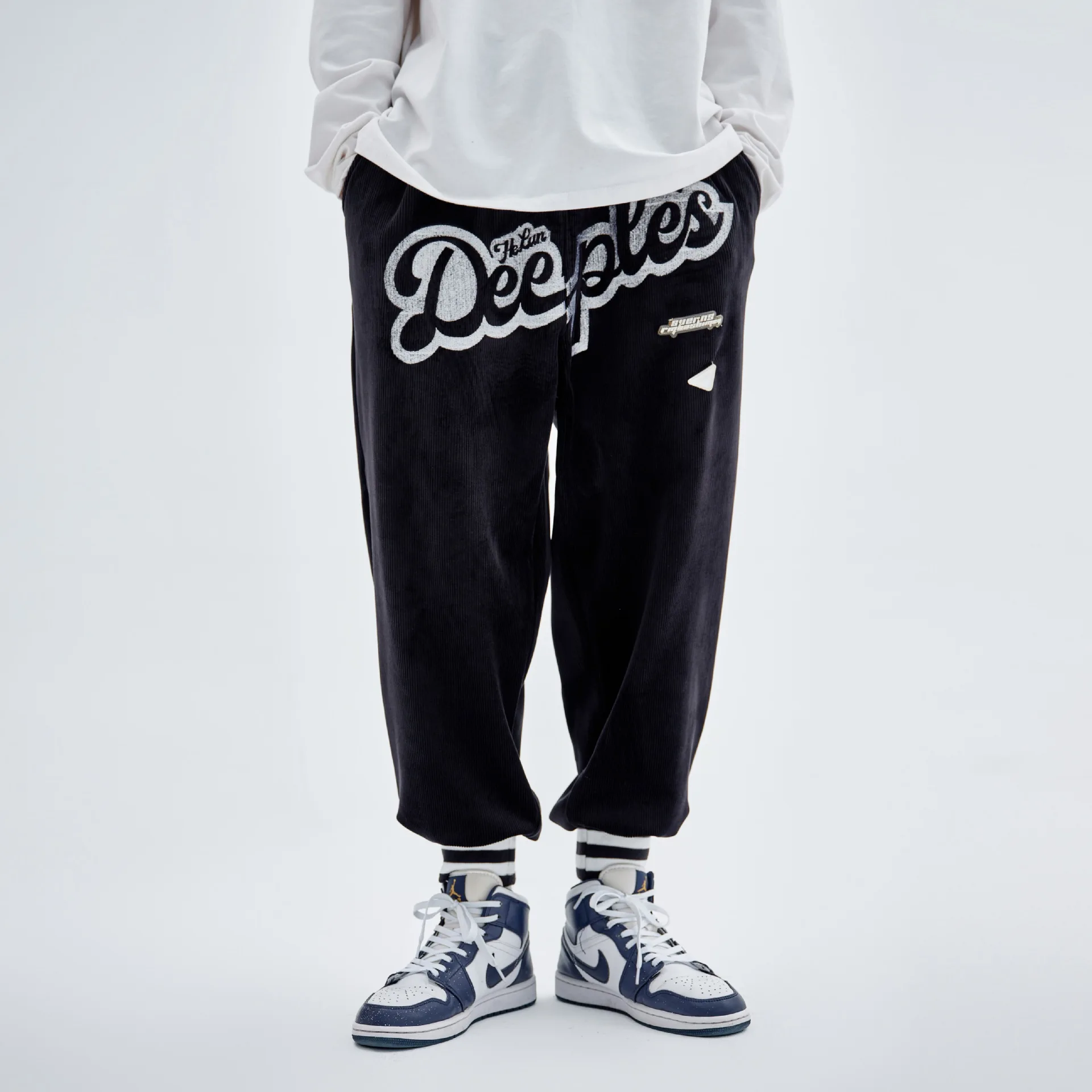 2020 winter corset pants men's hip-hop national tide letter embroidery guard pants corduroy loose contrast color pants men 1