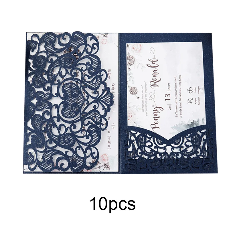 blue 10pcs Три раза полые вырезанные свадебные приглашения свадебный душ ужин пригласительные карты Обложка 2019ing - Цвет: blue 10pcs