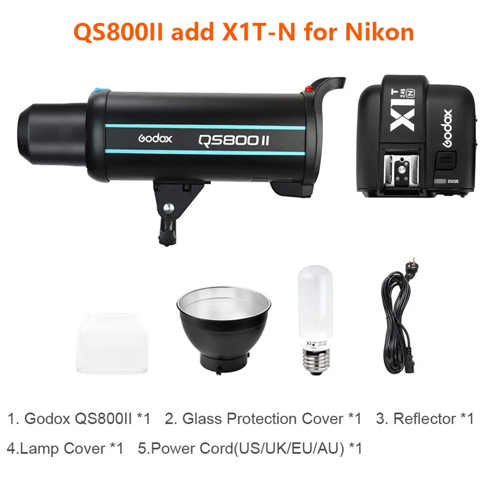 Профессиональный студийный стробоскоп Godox QS800II 800 Вт GN90 со встроенным 2,4G беспроводным передатчиком X system X1T обеспечивает творческую съемку - Цвет: add X1T-N for Nikon