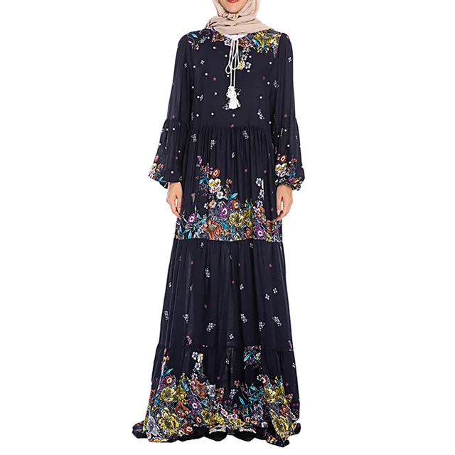 dark blue dress Турецкое женское мусульманское платье abaya с длинными рукавами большого размера, с цветочным принтом, более размера, ислам, цзилбаб, кафтан, Дубай, осень-лето - Color: dark blue dress