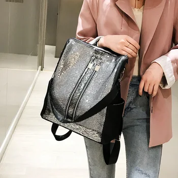 

New fashion sequined backpack Joker grid student bag