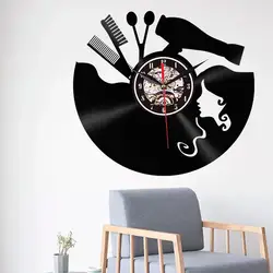 Парикмахерская Виниловая пластинка настенные часы современный дизайн салон красоты Магазин винтажные 3D часы стрижка horloge парикмахер