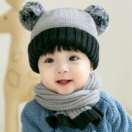 HT2732 Детский набор из шапки и шарфа, осенне-зимняя вязаная шапка и шарф, зимние аксессуары для маленьких мальчиков и девочек, детская шапочка-шарф - Цвет: Серый