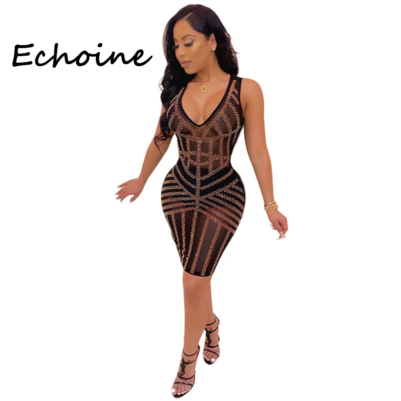

Echoine Sexy Dress Sheer Mesh Diamond Decor Party Night Dress Open Up Deep V-neck Sleeveless Bodycon Dress Vestidos