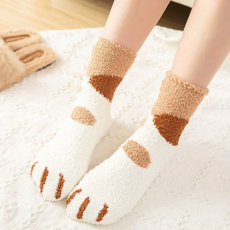 Dreamlikelin, зимние теплые женские носки, милые домашние носки из кораллового флиса с принтом животных, собак, кошек, лап, рождественские носки