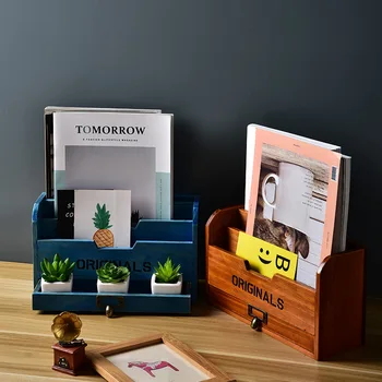 

Wood Desktop Organizer with Drawers File Folder Binders Envelopes Magazines Countertop Organizer Holder Wooden Desk Storage Box