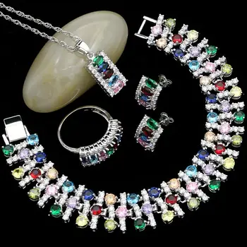 

Silver 925 Jewelry Sets For Women Multicolor Cubic Zirconia White Crystal Stud Earrings/Pendant/Necklace/Ring/Bracelet