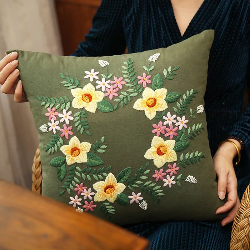 未完成 DIY 刺繍キット枕クッションケース花クロスステッチセット針