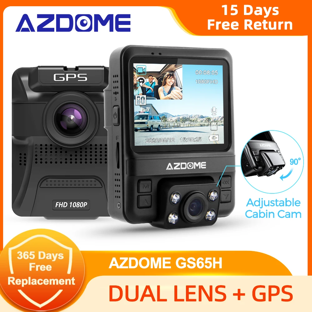 AZDOME Car DVR GS65H Mini Dual Lens Dash Cam Front Full HD 1080P / Rear 720P Camera Night Vision GPS For Uber Lyft Taxi |