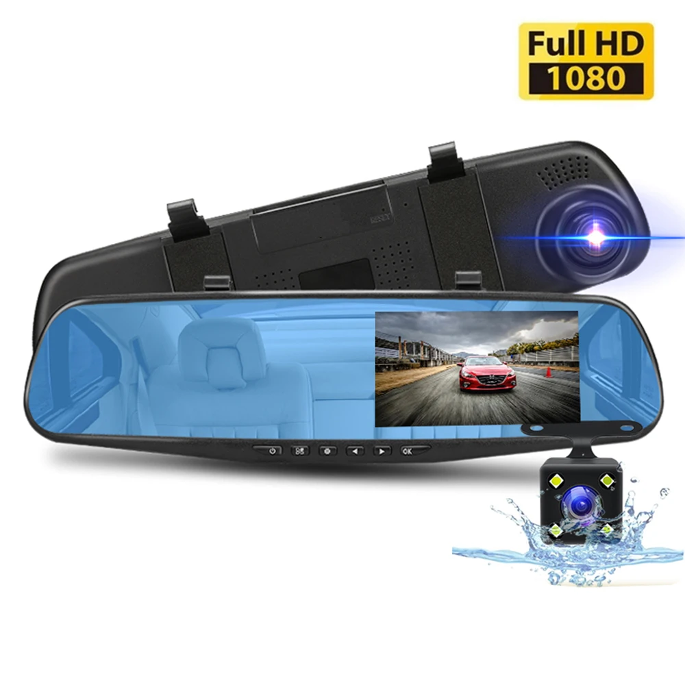 Full HD 1080P камера зеркало заднего вида Dashcam двойной объектив автоматический