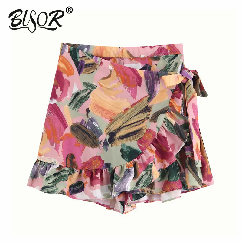 

Women Stylish Floral Print Ruffles Mini Shorts Style High Waist Side Ruffles Bow Tie Sashes Zipper Skort Pantalones