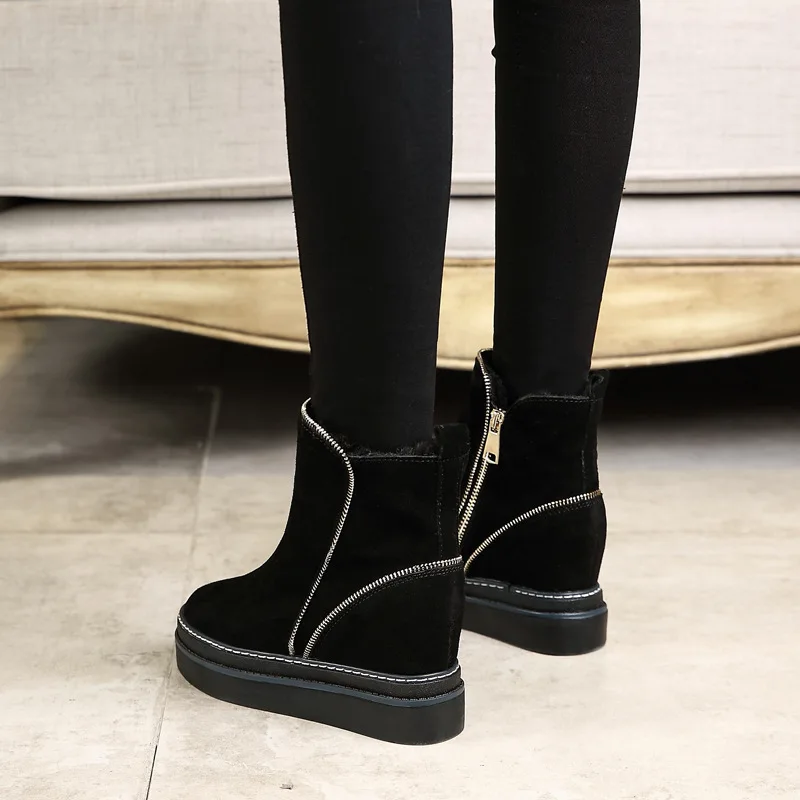 Thick-soled Inner Heightening Short Boots, Side Zipper and Velvet Warm Cotton Shoes, Fashion Ladies Snow Cotton Short Boots