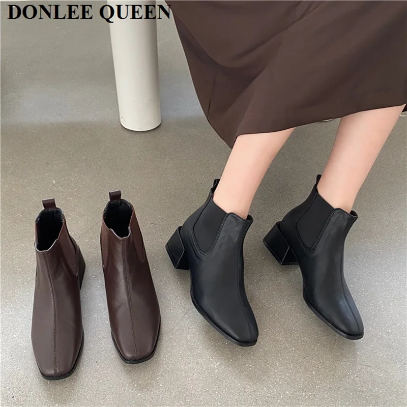 Модные ботильоны на низком квадратном каблуке женская обувь Осенние брендовые