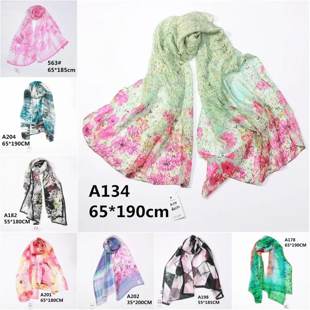 

Women's 100% Pure Silk Printed Long Big Scarf Shawl Wrap Neckerchief 70"x25" WJ005
