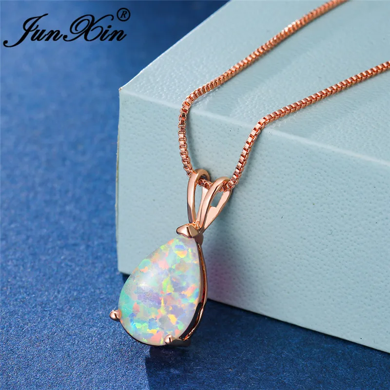 White Opal Necklace Мистическое ожерелье с грушевидной огранкой, голубой, белый, зеленый, огненный опал, цепочка из розового золота, подвеска с камнем в виде капли воды, ожерелье s для женщин, колье, ювелирное изделие - Окраска металла: White Opal Necklace