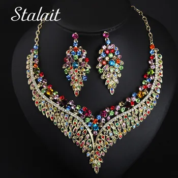 

Women Bridal Colorful Crystal Palace Necklace Earrings Jewelry Sets Wedding Dress Accessories Color Purple & Champagne Clavicle