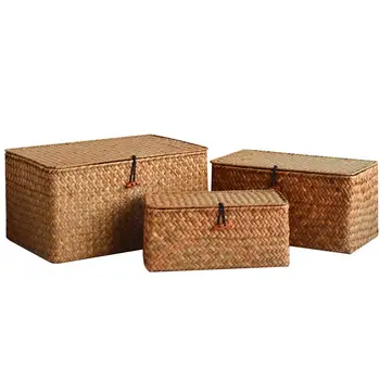 

2PC Straw Storage Basket With Lid Dried Flower Fruit Food Picnic Bread Rattan Panier Wicker Basket Cosmetic Toy Organizer Holder