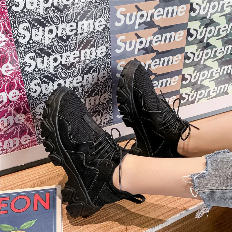 HTUUA c технологией Flyknit кроссовки из дышащего материала Для женщин кроссовки Осень Черный Белый хаки Повседневное шнуровка Высокая платформа тапки Для женщин обувь SX3225