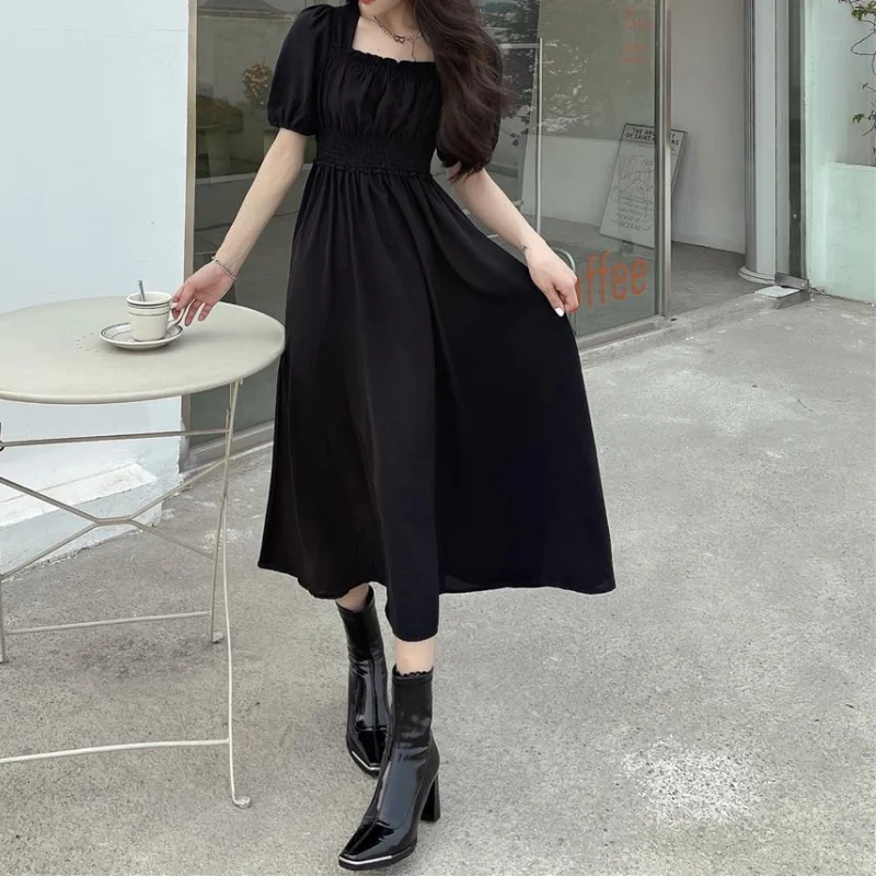 HOUZHOU Black Vintage Midi Dress Elegant Women Dresses Square Collar Puff Sleeve Oversized Loose Casual Sundress Female Robe