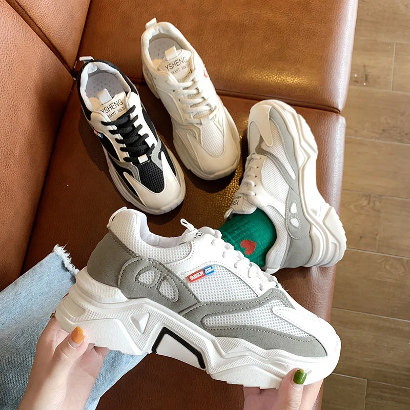 

Platform 2019 Mesh Women's Korean-style Athletic Shoes with Breathable New Style Lace-up Shoes Women's INS Fashion round-Toe Mes