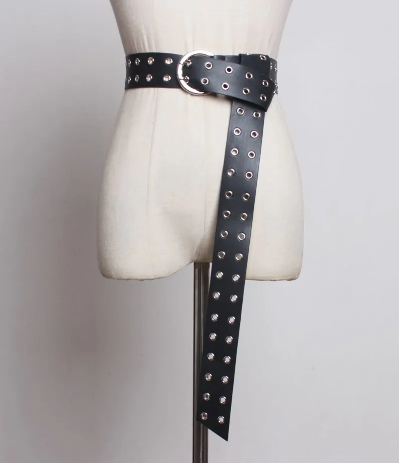[YaLee] New Fashion Summer Autumn Metal Round Pin Buckle Eyelet Rivets PU Leather Long Girdle Wide Waist Belts Woman N240