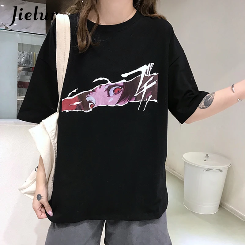 Jielur черный Femme Harajuku Kawaii Свободные тапочки в виде персонажа аниме футболка с