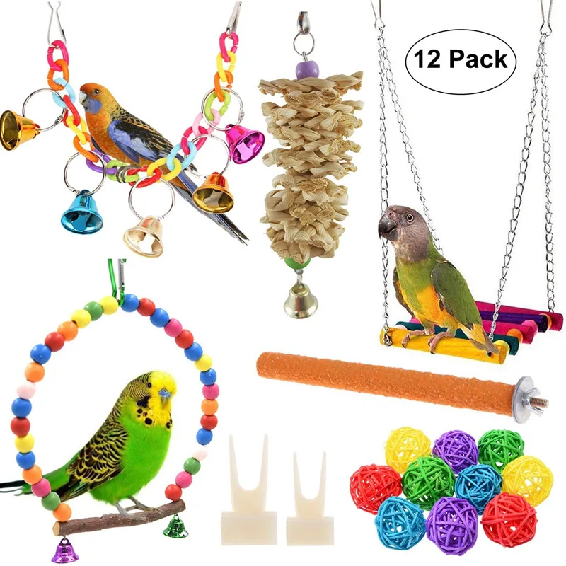 

12 Flying Birds Swing Toy Set Parrot Powerful Bird Hanging Toy Parrot Myna Rotating Bell Toy Set