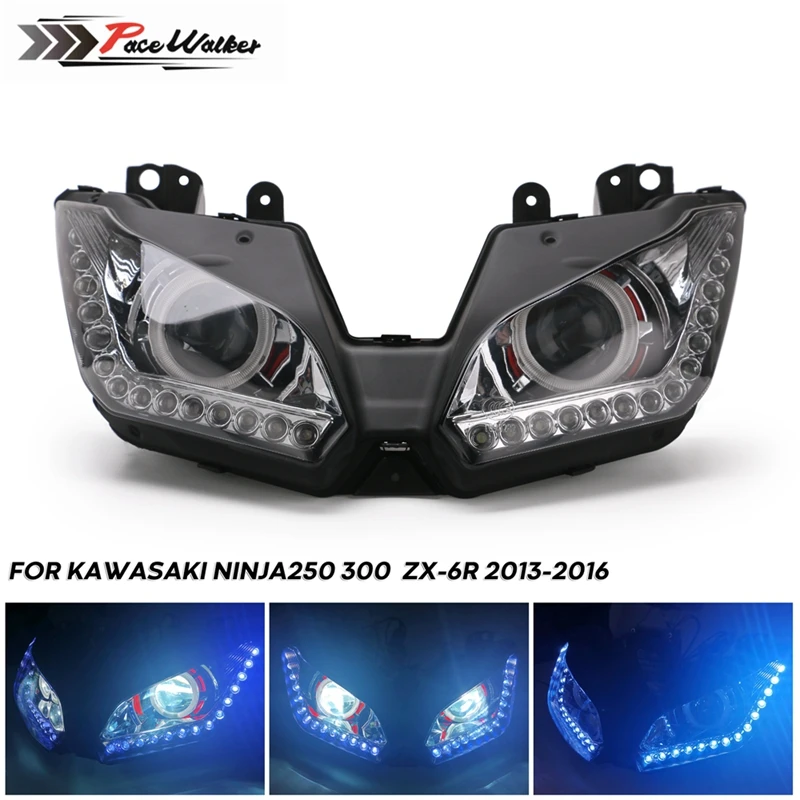 

Motorcycle Headlight Angel Eye For Kawasaki NINJA250 300 ZX6R ZX 6R NINJA250 NINJA300 HID Projector Headlight Assembly 2013-2016