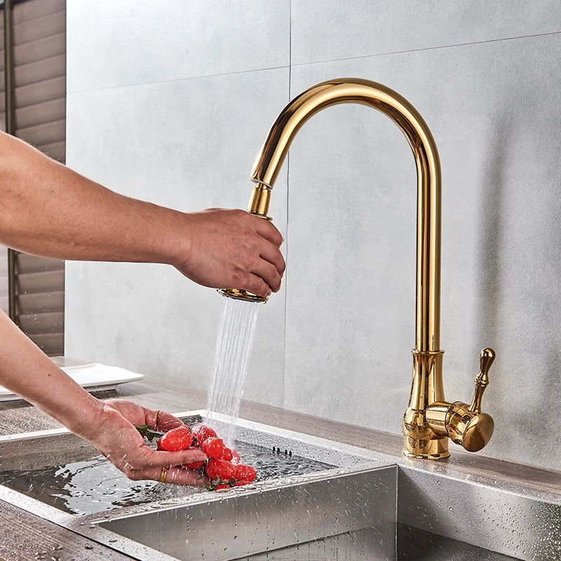 

Modern Faucet Luxury Brass Gold Kitchen Faucet Rotatable Mixer Tap Single Sharp Handle Single Hole Hot&Cold Water