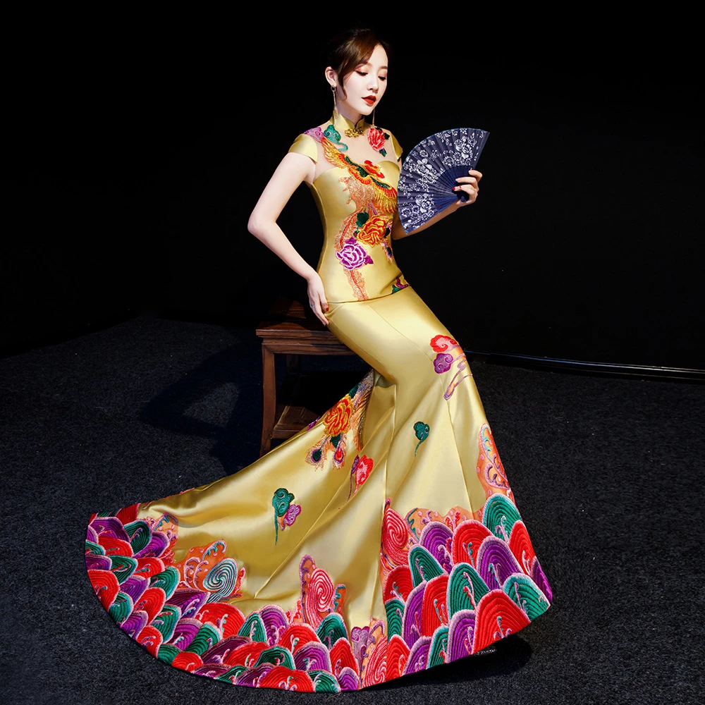 Fish Tail Luxury Cheongsam Embroidery Phoenix Gown Traditional Chinese Woman Modern Qipao Oriental Evening Dress Robe Modern Cheongsam Elegant Cheongsamcheongsam Qipao Aliexpress